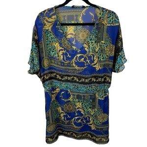 Bianca Nygard Beach Cover Up Royal Blue Gold Grecian Versace-Inspired sz L/XL